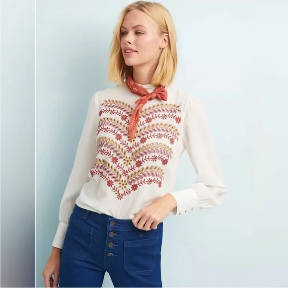 Anthropologie Meadow Rue Daphne Embroidered Blouse Cotton Gauze Boho Festival - Picture 2 of 6